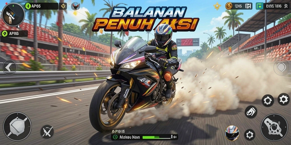 Screenshot gameplay dari API66 dengan aksi balap motor yang mendebarkan.