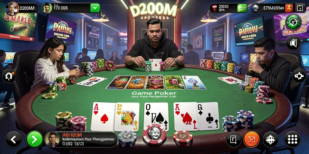 Tampilan gameplay Poker yang menarik dan kompetitif di D200M.