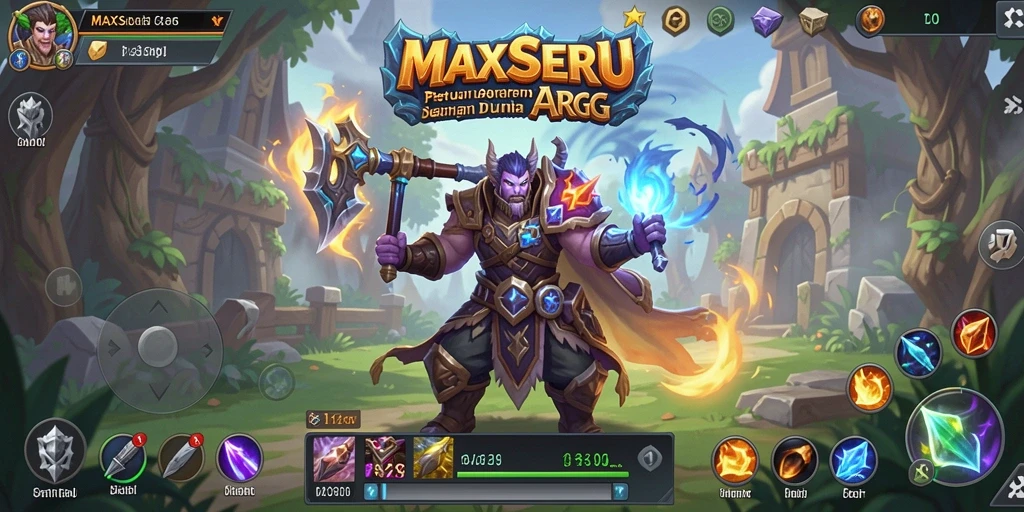 Screenshot gameplay MAXSERU yang menunjukkan pertarungan epik dan karakter yang berani.