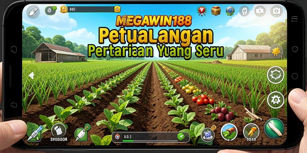 Tampilan gameplay <strong>MEGAWIN188</strong> dengan ladang tanaman subur dan hewan ternak.