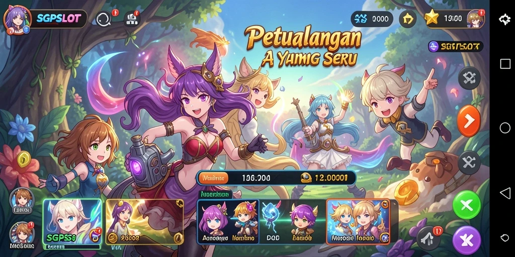 Tampilan gameplay menarik dengan karakter anime yang berwarna-warni.