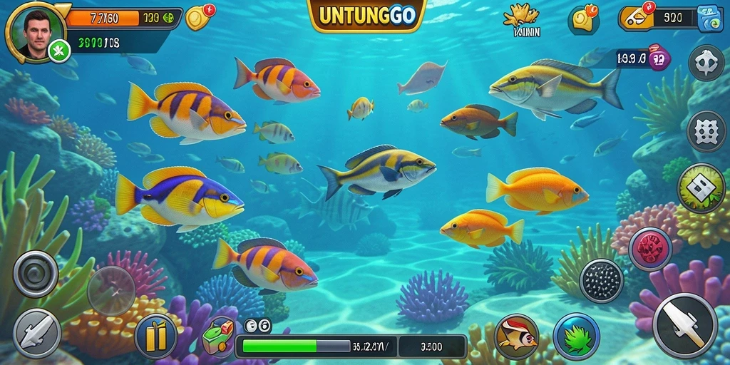 Screenshot utama UNTUNGGO menampilkan aksi seru menembak ikan.