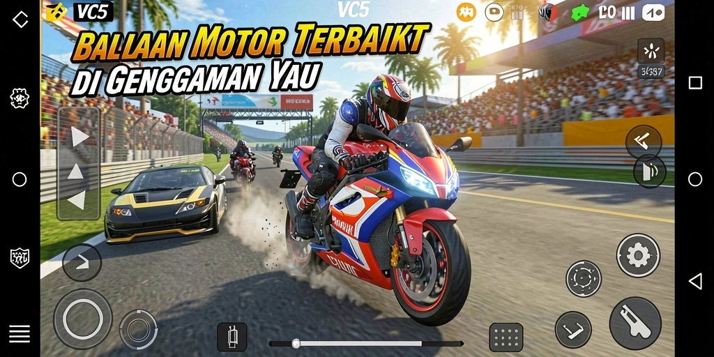 Screenshot VC5 menampilkan aksi balapan motor yang mendebarkan.