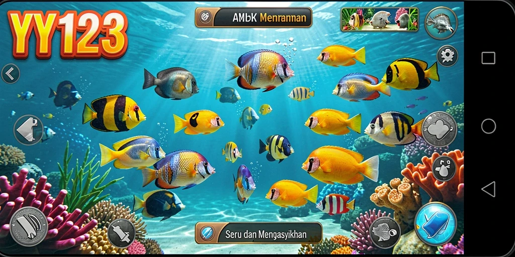 Tampilan gameplay seru dari YY123 dengan aksi menembak ikan.